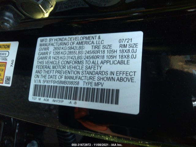 Photo 8 VIN: 5FNYF6H58MB098058 - HONDA PILOT 