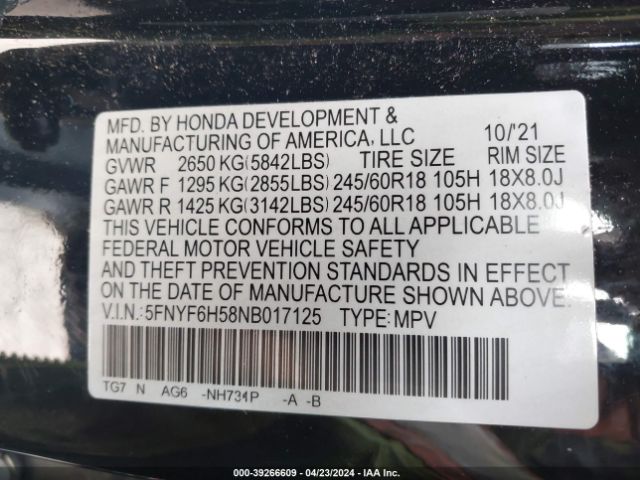 Photo 8 VIN: 5FNYF6H58NB017125 - HONDA PILOT 