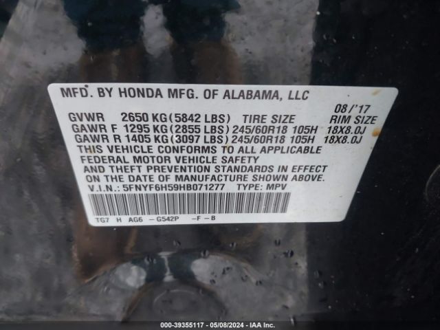 Photo 8 VIN: 5FNYF6H59HB071277 - HONDA PILOT 