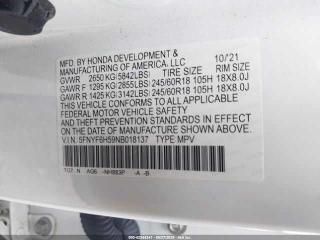 Photo 8 VIN: 5FNYF6H59NB018137 - HONDA PILOT 
