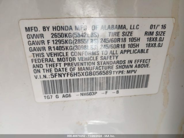 Photo 8 VIN: 5FNYF6H5XGB056589 - HONDA PILOT 