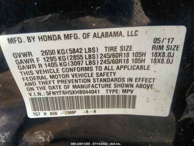 Photo 8 VIN: 5FNYF6H5XHB044041 - HONDA PILOT 