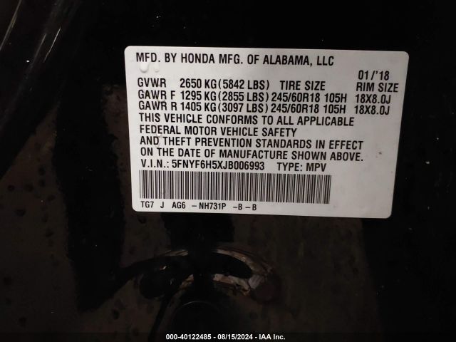 Photo 8 VIN: 5FNYF6H5XJB006993 - HONDA PILOT 