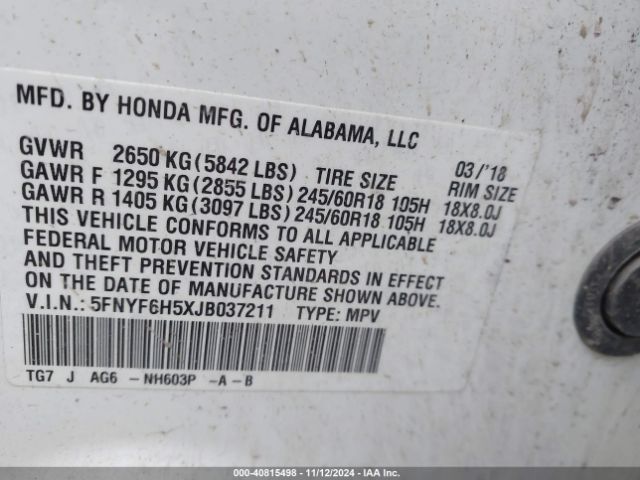 Photo 8 VIN: 5FNYF6H5XJB037211 - HONDA PILOT 