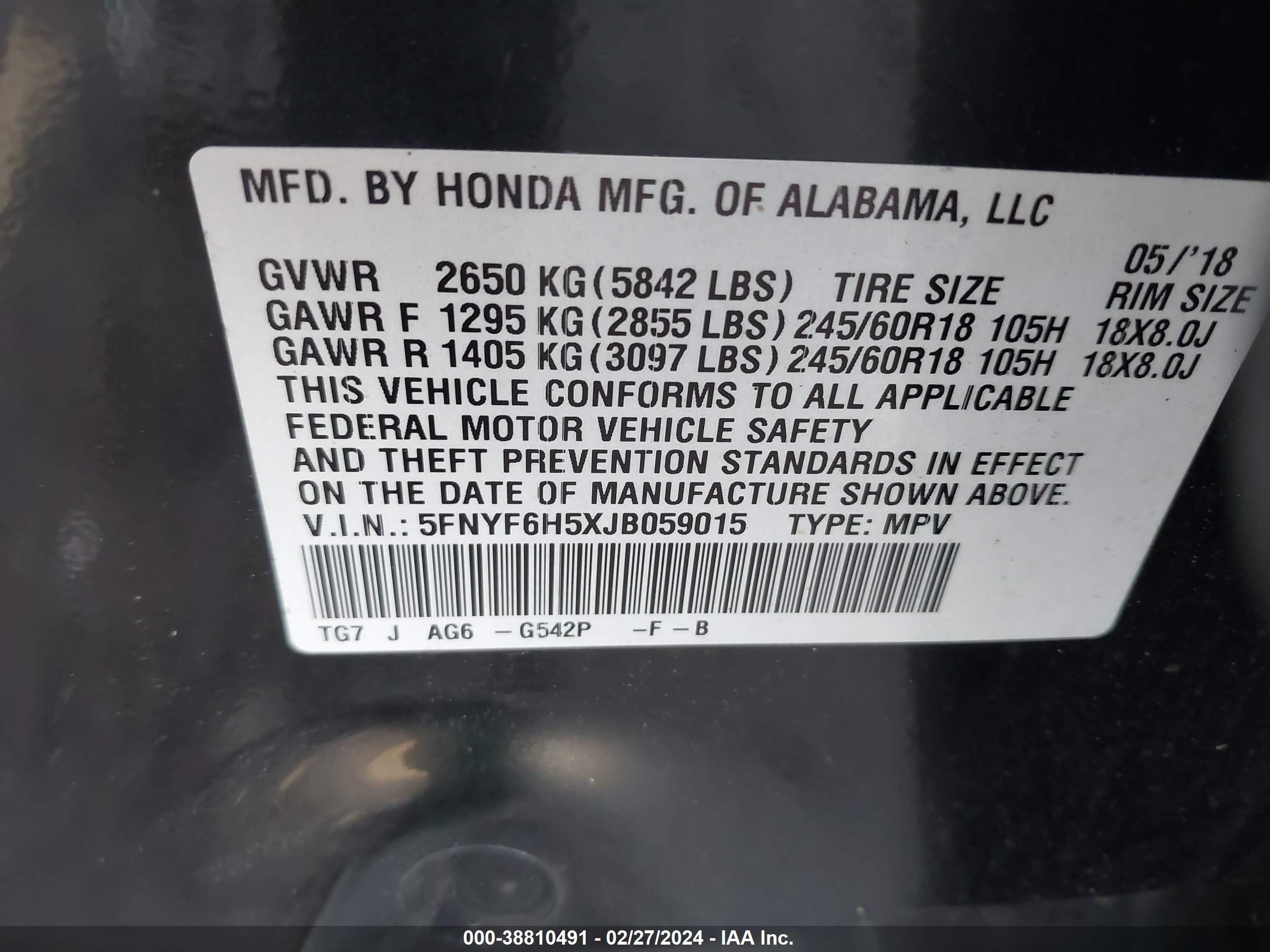 Photo 8 VIN: 5FNYF6H5XJB059015 - HONDA PILOT 