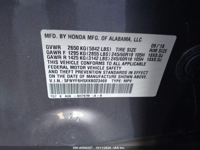 Photo 8 VIN: 5FNYF6H5XKB023469 - HONDA PILOT 