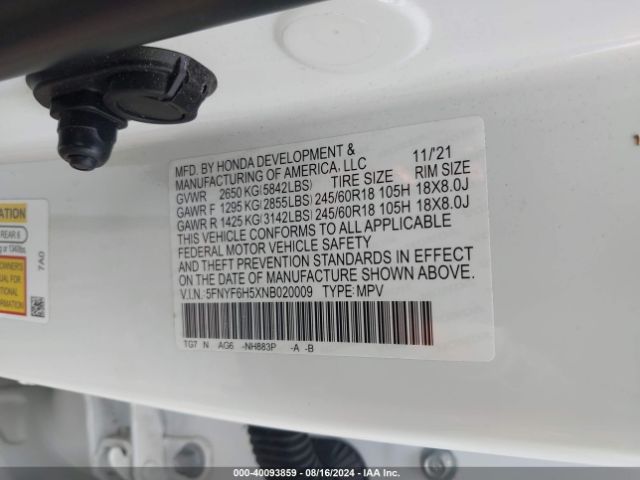 Photo 8 VIN: 5FNYF6H5XNB020009 - HONDA PILOT 