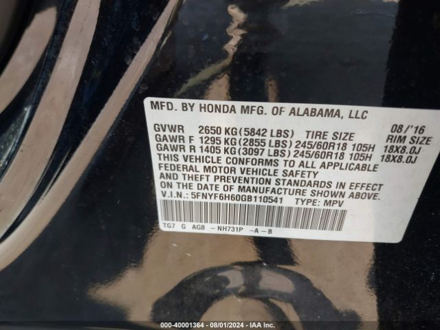 Photo 8 VIN: 5FNYF6H60GB110541 - HONDA PILOT 