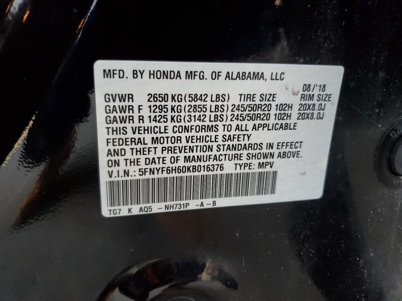 Photo 13 VIN: 5FNYF6H60KB016376 - HONDA PILOT 