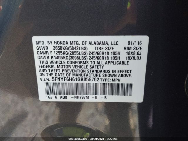 Photo 8 VIN: 5FNYF6H61GB056702 - HONDA PILOT 