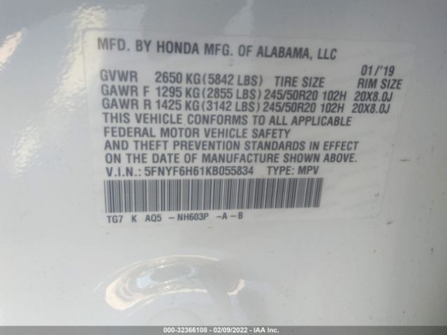 Photo 8 VIN: 5FNYF6H61KB055834 - HONDA PILOT 