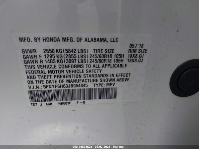 Photo 8 VIN: 5FNYF6H63JB054845 - HONDA PILOT 