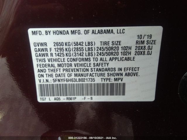 Photo 8 VIN: 5FNYF6H63LB021735 - HONDA PILOT 