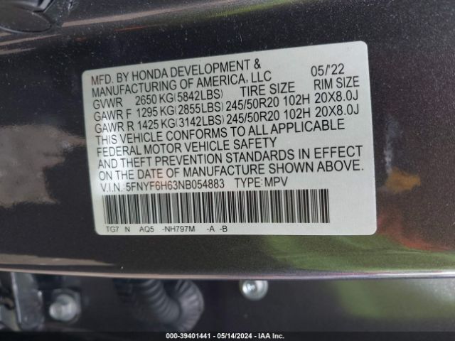 Photo 8 VIN: 5FNYF6H63NB054883 - HONDA PILOT 