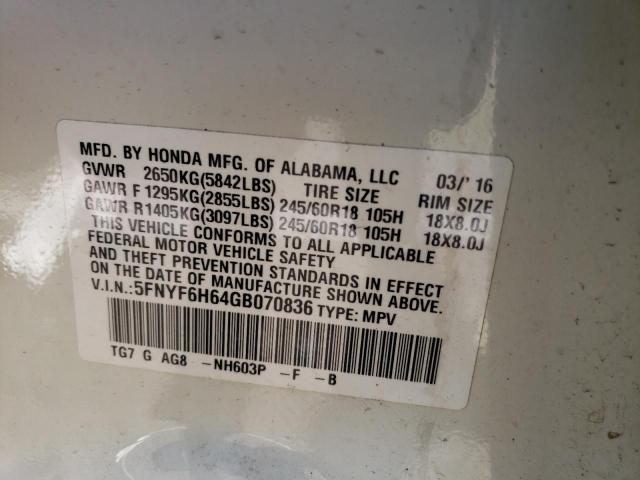 Photo 11 VIN: 5FNYF6H64GB070836 - HONDA PILOT 