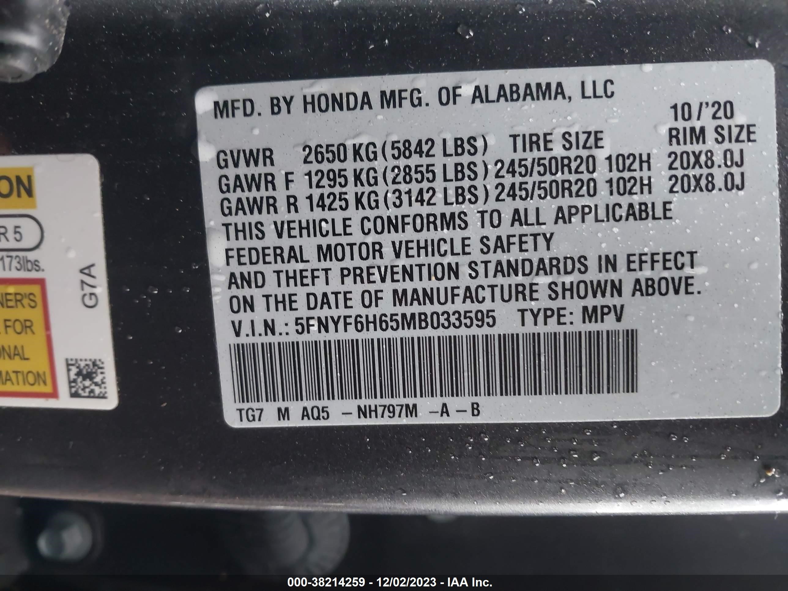 Photo 8 VIN: 5FNYF6H65MB033595 - HONDA PILOT 