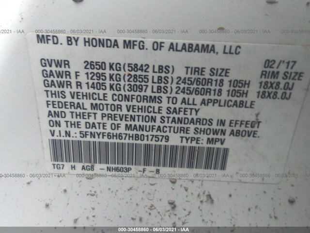 Photo 8 VIN: 5FNYF6H67HB017579 - HONDA PILOT 