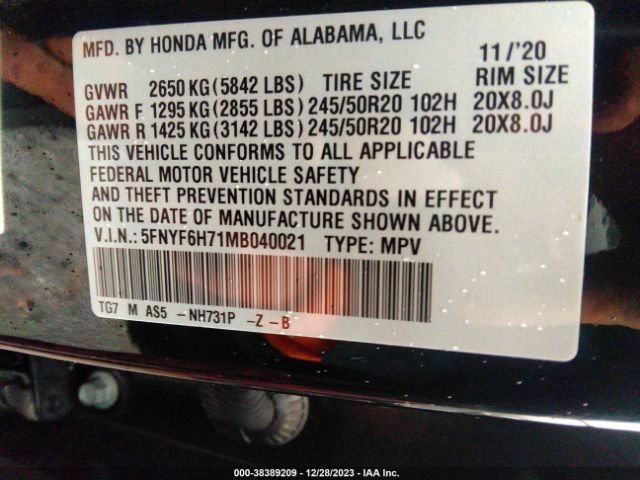 Photo 8 VIN: 5FNYF6H71MB040021 - HONDA PILOT 