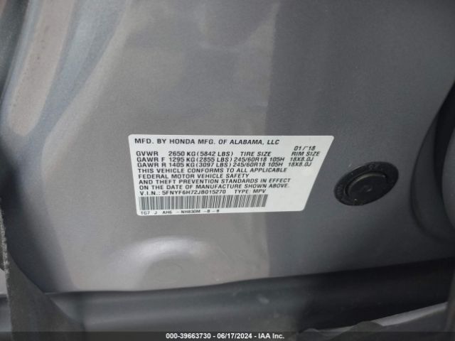 Photo 8 VIN: 5FNYF6H72JB015270 - HONDA PILOT 