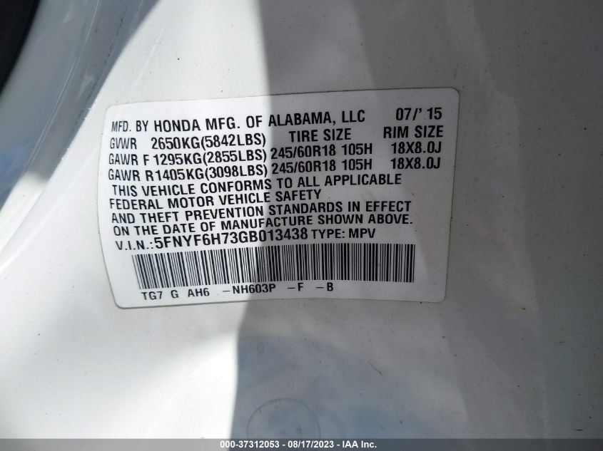 Photo 8 VIN: 5FNYF6H73GB013438 - HONDA PILOT 