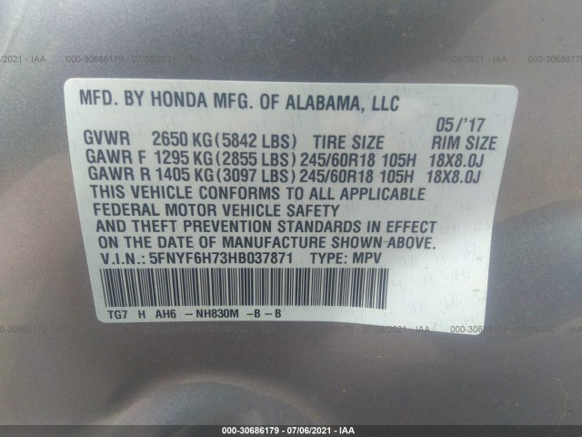 Photo 8 VIN: 5FNYF6H73HB037871 - HONDA PILOT 