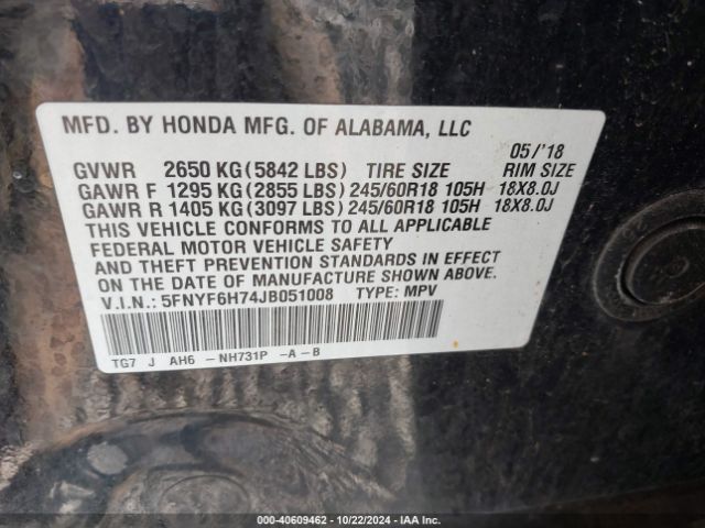 Photo 8 VIN: 5FNYF6H74JB051008 - HONDA PILOT 