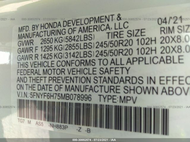 Photo 8 VIN: 5FNYF6H75MB078996 - HONDA PILOT 