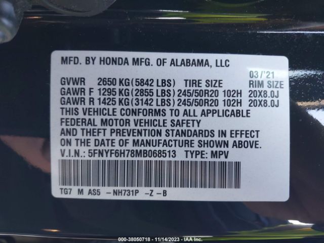 Photo 8 VIN: 5FNYF6H78MB068513 - HONDA PILOT 