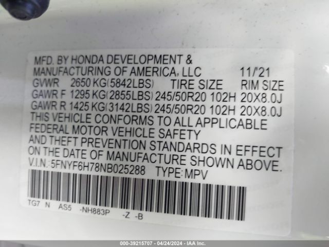 Photo 8 VIN: 5FNYF6H78NB025288 - HONDA PILOT 