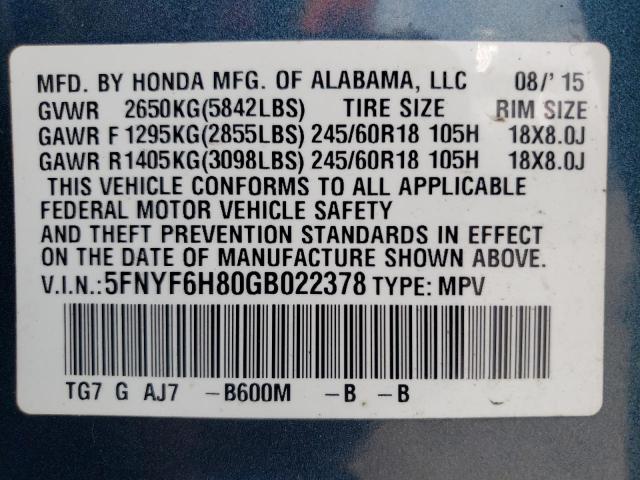 Photo 12 VIN: 5FNYF6H80GB022378 - HONDA PILOT EXL 