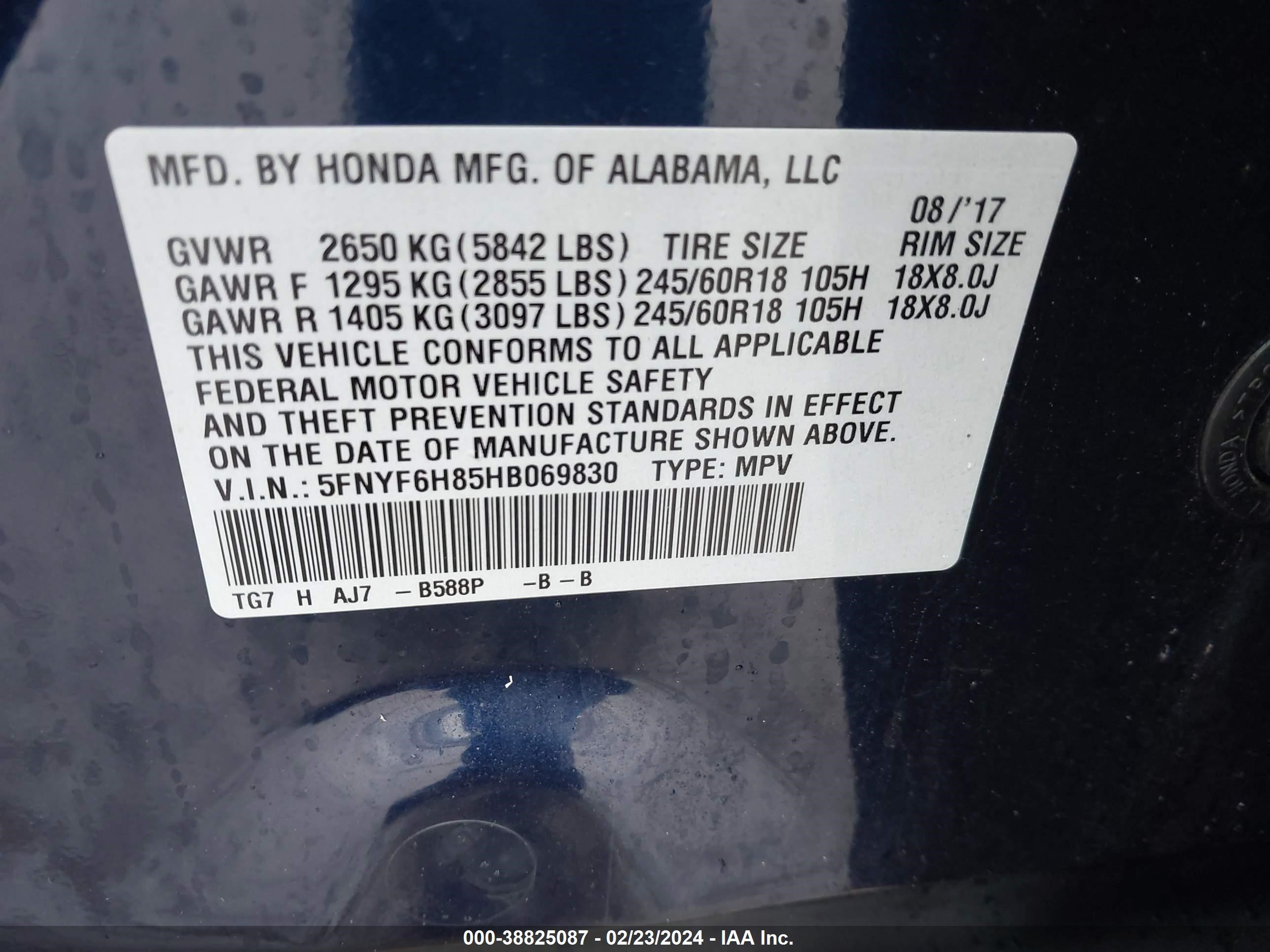 Photo 8 VIN: 5FNYF6H85HB069830 - HONDA PILOT 