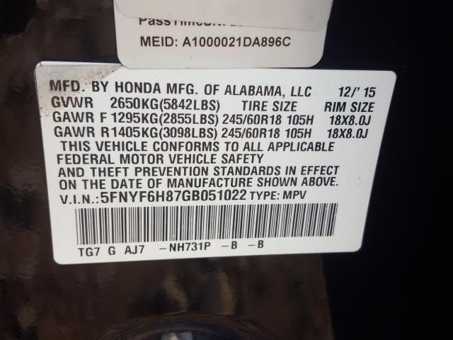 Photo 9 VIN: 5FNYF6H87GB051022 - HONDA PILOT EXL 