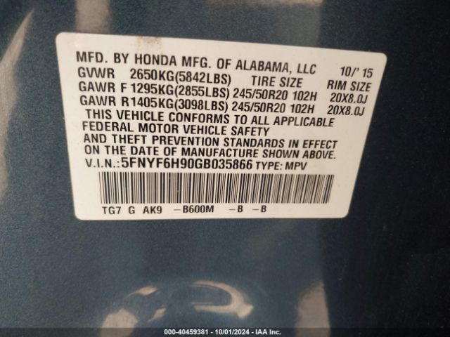 Photo 8 VIN: 5FNYF6H90GB035866 - HONDA PILOT 