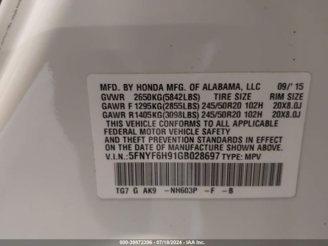 Photo 8 VIN: 5FNYF6H91GB028697 - HONDA PILOT 