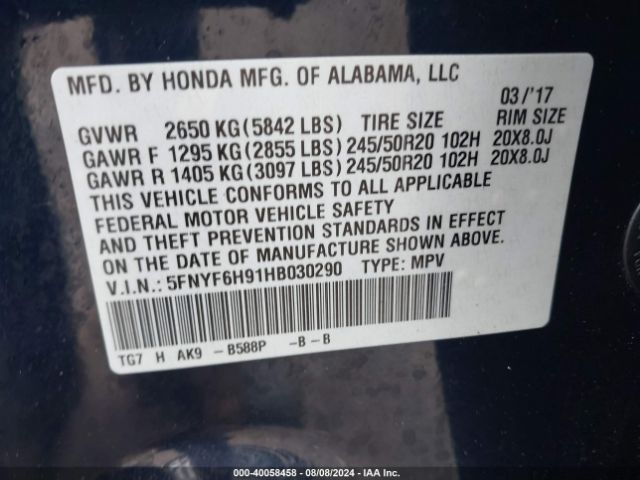 Photo 8 VIN: 5FNYF6H91HB030290 - HONDA PILOT 