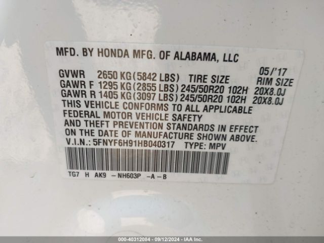 Photo 8 VIN: 5FNYF6H91HB040317 - HONDA PILOT 