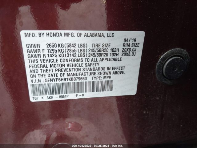 Photo 8 VIN: 5FNYF6H91KB079660 - HONDA PILOT 