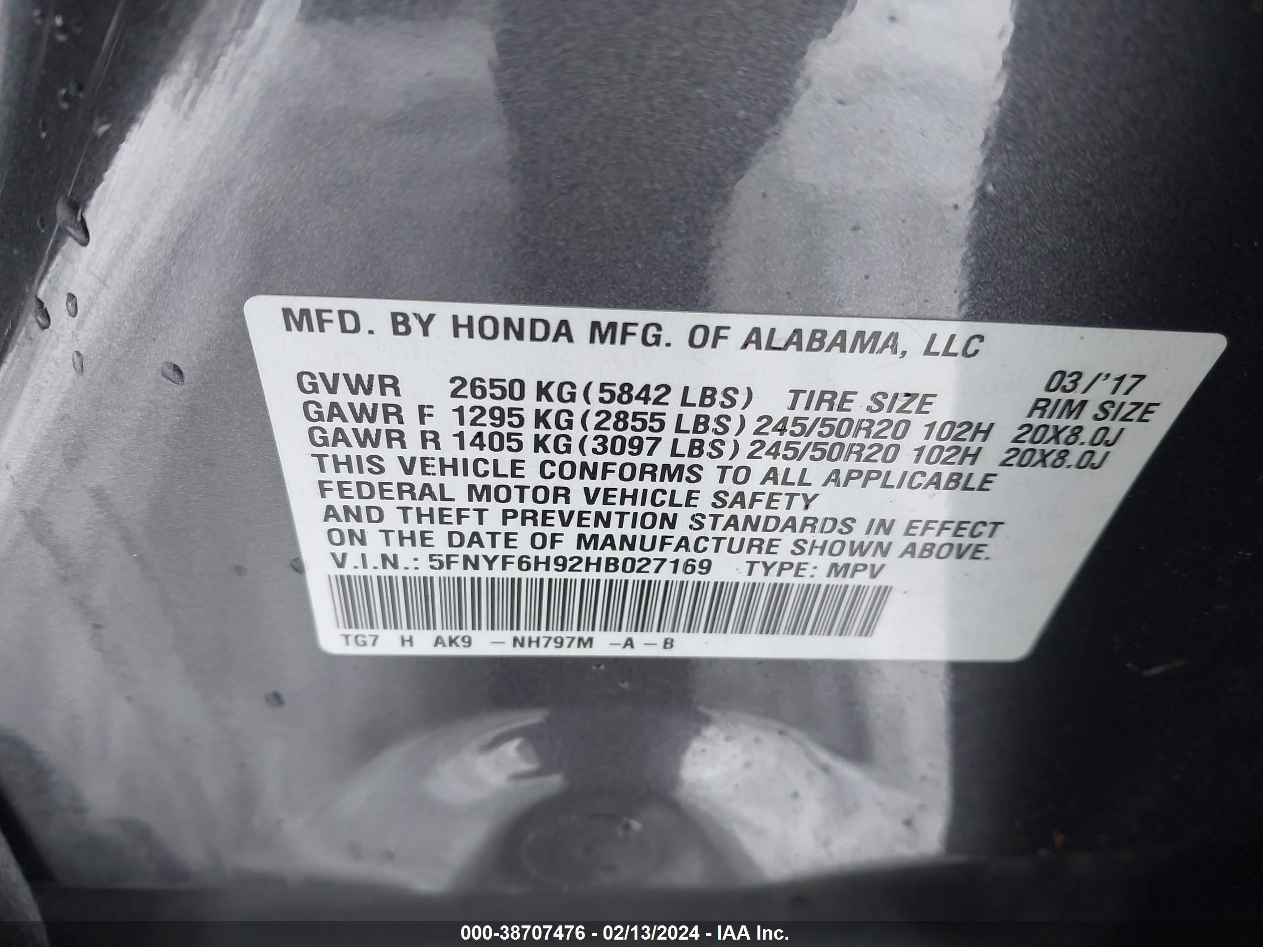 Photo 8 VIN: 5FNYF6H92HB027169 - HONDA PILOT 