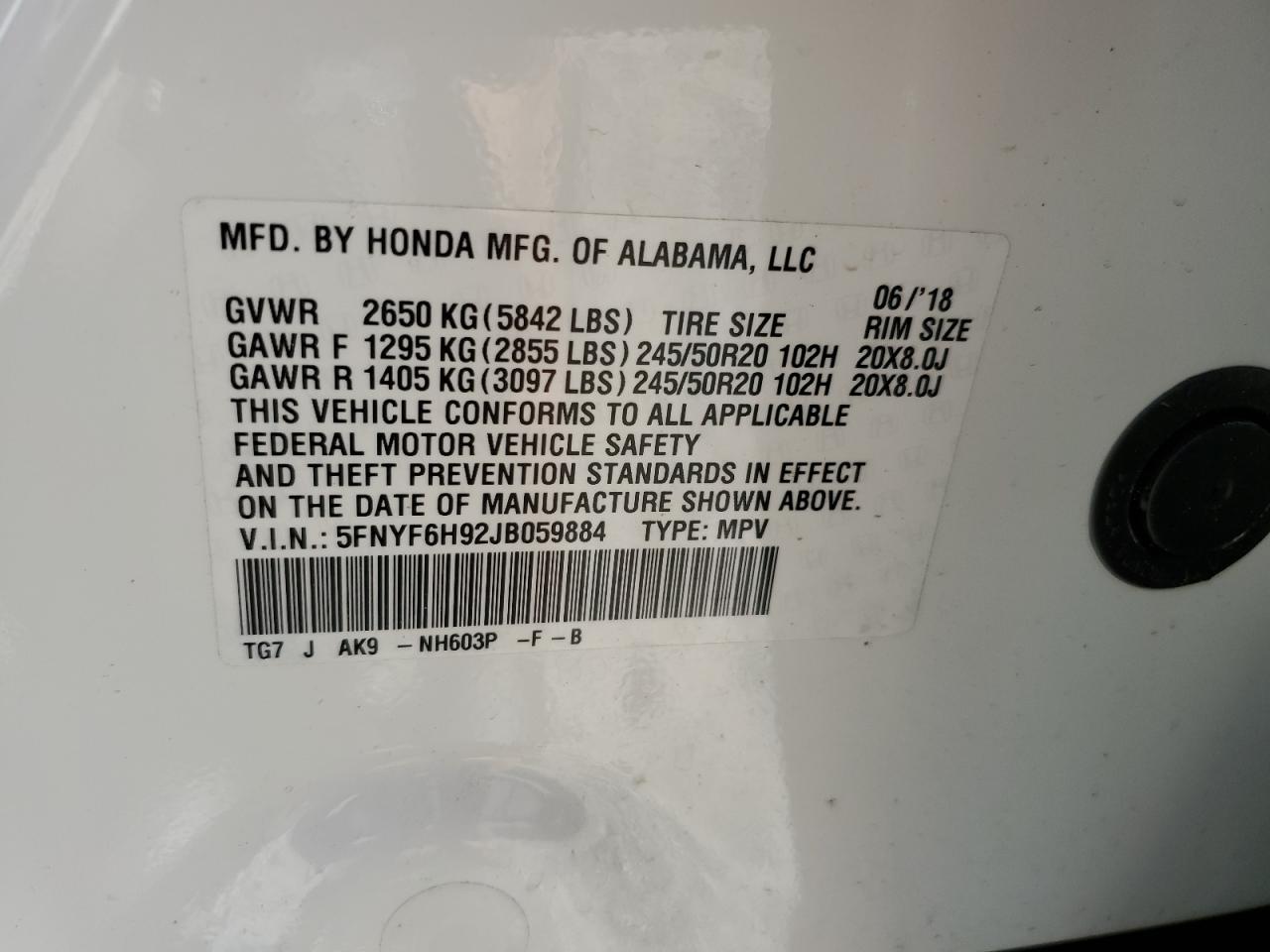 Photo 12 VIN: 5FNYF6H92JB059884 - HONDA PILOT 