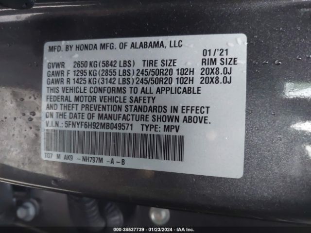 Photo 8 VIN: 5FNYF6H92MB049571 - HONDA PILOT 