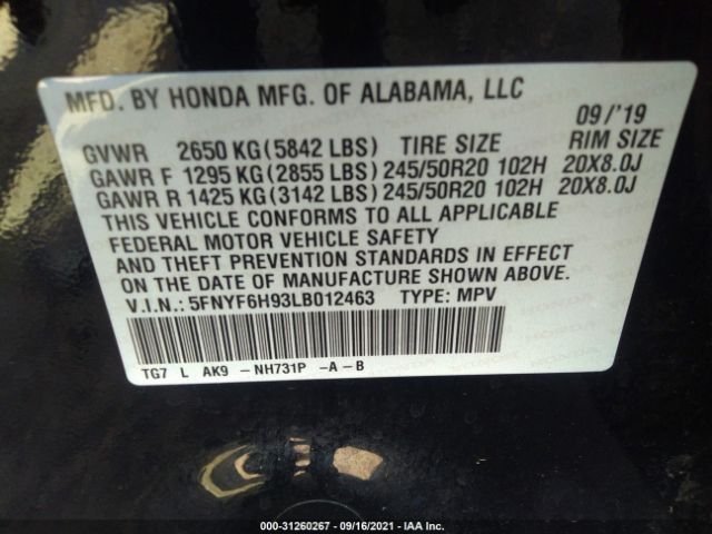 Photo 8 VIN: 5FNYF6H93LB012463 - HONDA PILOT 