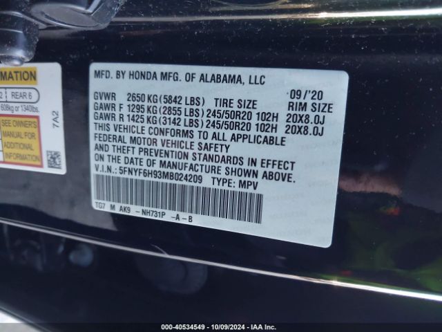 Photo 8 VIN: 5FNYF6H93MB024209 - HONDA PILOT 