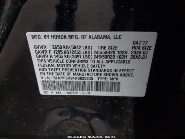 Photo 8 VIN: 5FNYF6H94HB035905 - HONDA PILOT 