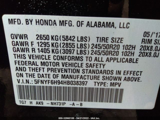 Photo 8 VIN: 5FNYF6H94HB038397 - HONDA PILOT 