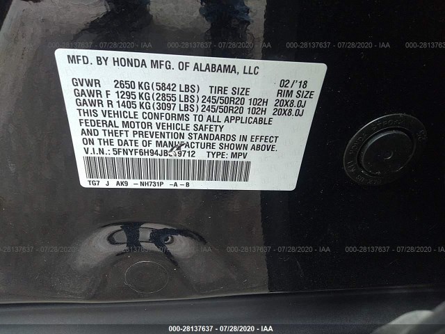 Photo 8 VIN: 5FNYF6H94JB019712 - HONDA PILOT 