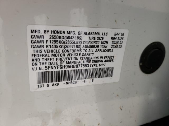 Photo 9 VIN: 5FNYF6H95GB077563 - HONDA PILOT TOUR 