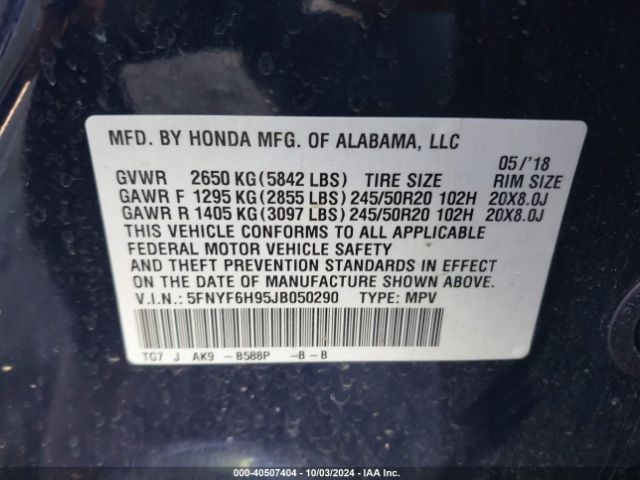 Photo 8 VIN: 5FNYF6H95JB050290 - HONDA PILOT 