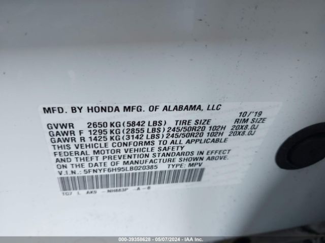 Photo 8 VIN: 5FNYF6H95LB020385 - HONDA PILOT 