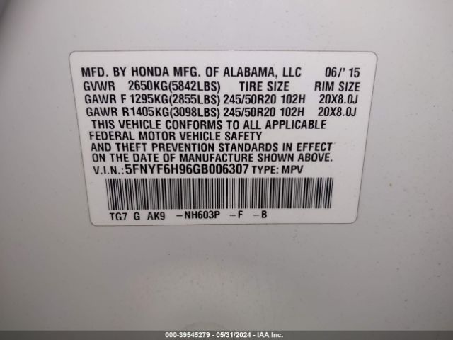 Photo 8 VIN: 5FNYF6H96GB006307 - HONDA PILOT 