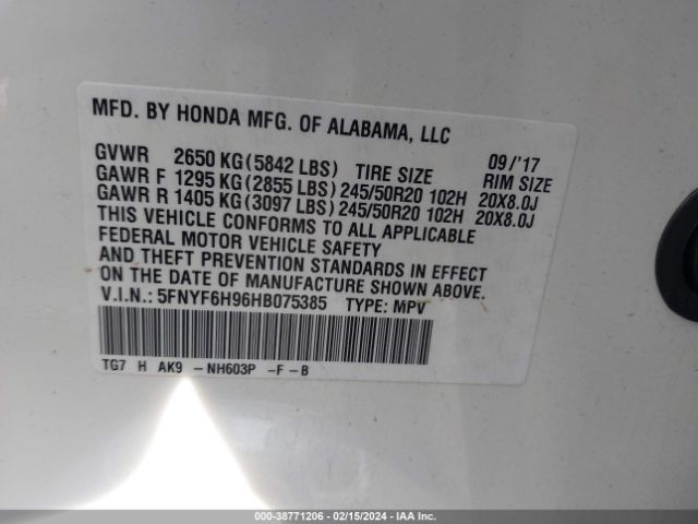 Photo 8 VIN: 5FNYF6H96HB075385 - HONDA PILOT 